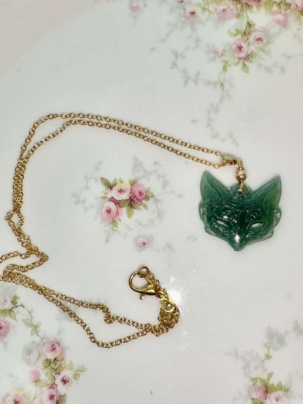 Guatemalan Blue Water Jadeite Carved Fox Pendant Necklace Gold-Tone